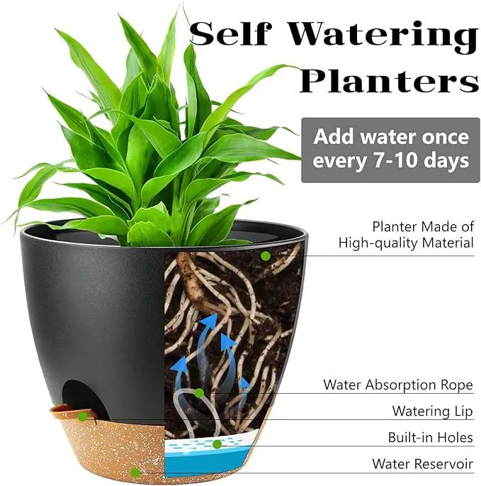 Large Self Watering Planters Plant Pots Outdoor 9/10/12 Inch for All House Plants Black Plastic Flower Pots with Drainage Hole Flower Pots for Indoor Plants Gift Idea for Home Decor by GreenHaven Gardens