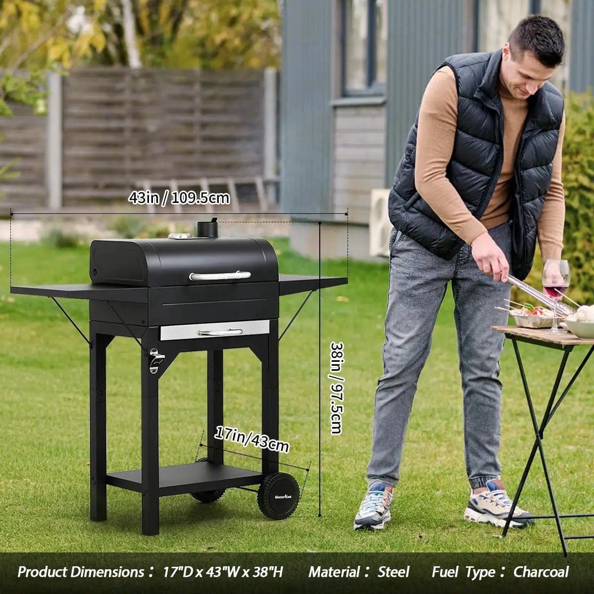 MASTER COOK Charcoal Grill with Two Side Tables, Heavy-duty Steel Barbecue BBQ Grill for Outdoor Picnic Backyard Patio and Parties, 43"*38"*17" by GreenHaven Gardens