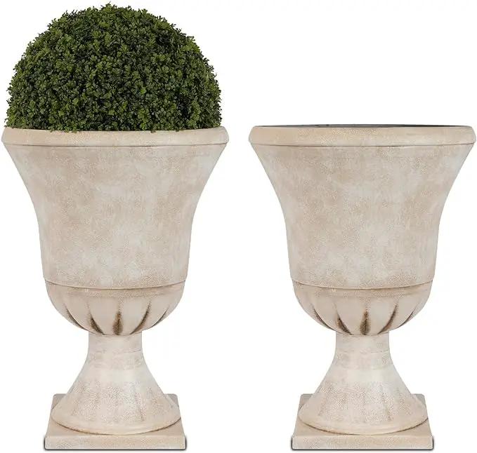 Worth Garden Plastic Urn Planters for Outdoor Plants, Tree 22'' Tall 2 Pack Round Classic Resin Flower Pots Indoor Beige Traditional Front Porch 15 in Dia. Large Imitation Stone Decorative Patio Deck by GreenHaven Gardens