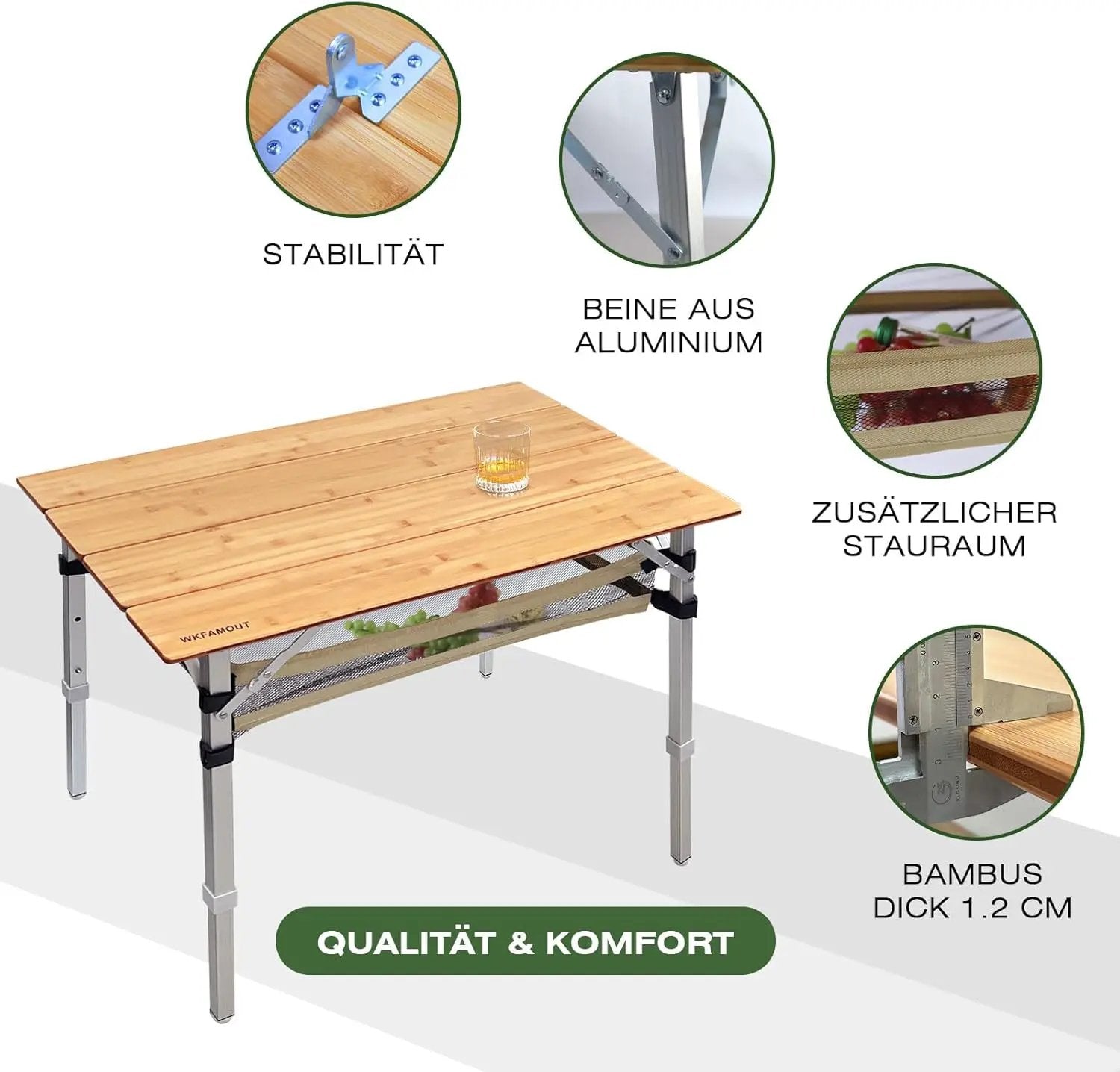 Bamboo Folding Camping Table 4 Folds with Adjustable Aluminum Legs Portable Picnic Table with Storage and Carry Bag for Outdoor Hiking Beach 2-4 Person by GreenHaven Gardens