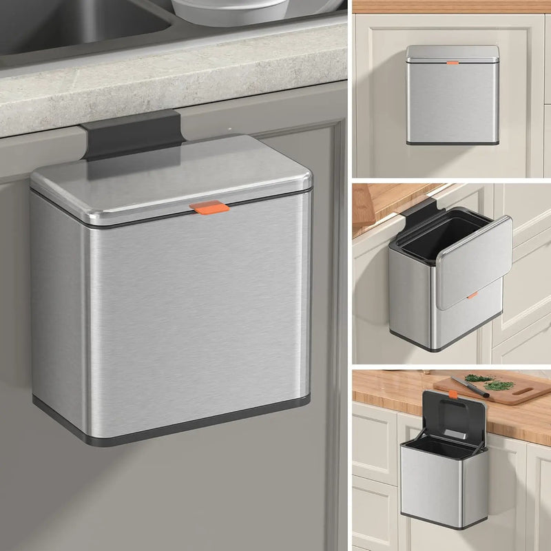 Mbillion Kitchen Compost Bin Hanging Trash Can with Lid 1.05 Gallon Stainless Steel Garbage Can for Kitchen Cabinet Door Mounted Trash Can Under Sink Door RV Bathroom,Silver by GreenHaven Gardens