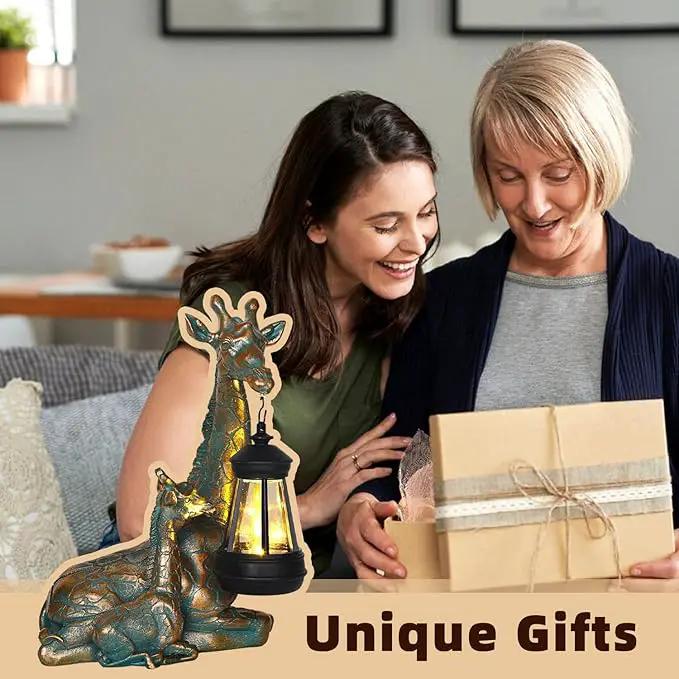 Solar Garden Decor - Mother Baby Giraffe Statue with Solar Lantern 9.7" Resin Giraffe Figurine Outdoor Patio Yard Porch Decor Gifts for Mom Grandma Women Gardeners by GreenHaven Gardens