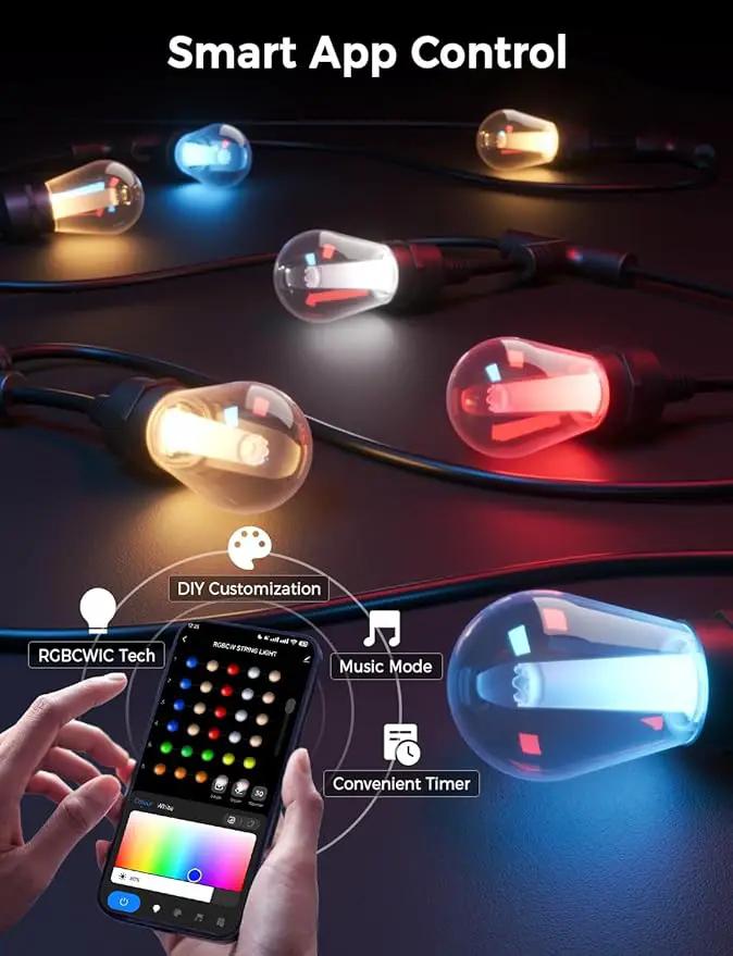 XMCOSY+ Smart Outdoor String Lights, 123Ft Patio Lights Waterproof, App Control, Compatible with Alexa, RGBCWIC Color Changing LED String Light for Outside by GreenHaven Gardens