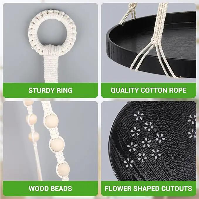 SUREAM Indoor Hanging Planter Shelf, Black Macrame Plant Hanger, Handmade Cotton Plant Hangers with Wood Tray, Planter Flower Pots Holder for Window Wall Ceiling Home Porch Patio Decor by GreenHaven Gardens