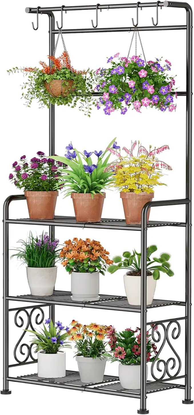 Plant Stand Indoor Outdoor Heavy Duty Metal - 56.4" Tall 3-Tier Shelf for Multiple Plants, Flowers, Rustproof Black Storage Rack for Patio, Balcony, Living Room, Garden, Includes Hooks&Adjustable Feet by GreenHaven Gardens