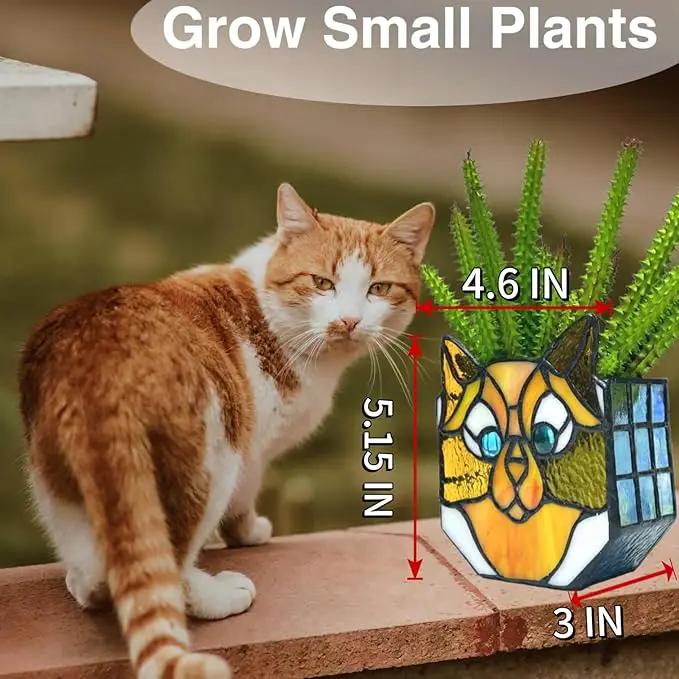Stained Glass Yellow Cat Planter, Indoor Plant Tabletop Plant Display, Yellow Cat Small Plant Pot, Cat Terrarium Decor, Cat Decor Gift 4.6x3x5.15 in(Excluding Plants) by GreenHaven Gardens