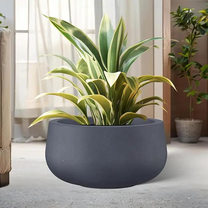 Kante 19.6" Dia Round Concrete Planter, Cement Plant Pots with Drainage Hole and Rubber Plug for Outdoor Indoor Garden Home, Modern Curvaceous Design, Dark Gray by GreenHaven Gardens