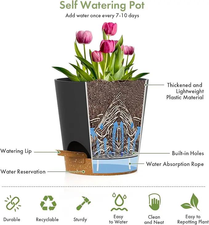 7/6.5/6/5.5/5/4 inch Self Watering Pots for Indoor Outdoor Plants, 6 Pack Plastic Flower Planters with Drainage Holes and Removable Saucers, Plant Pots with Wicking Rope, Black Brown by GreenHaven Gardens