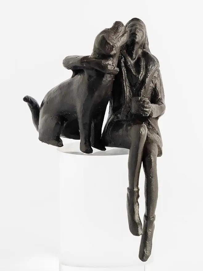 Cast Iron Sitting Woman and Dog Statue, Love Figurine, Gifts for Dog Lovers, Memorial Gifts for Women and Girls, Black by GreenHaven Gardens