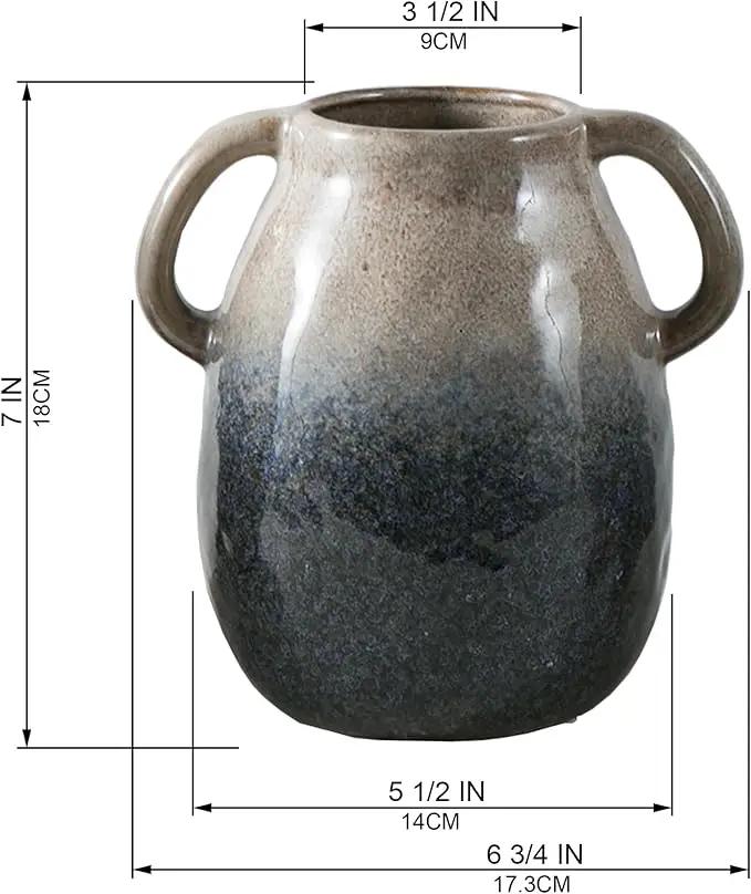 Brown Gradient Ceramic Vase with 2 Handles, Modern Farmhouse Decor, Rustic Terracotta Pottery, Decorative Flower Vases, Clay Small Vase, Centerpiece for Dining Table - 7 Inch Tall by GreenHaven Gardens