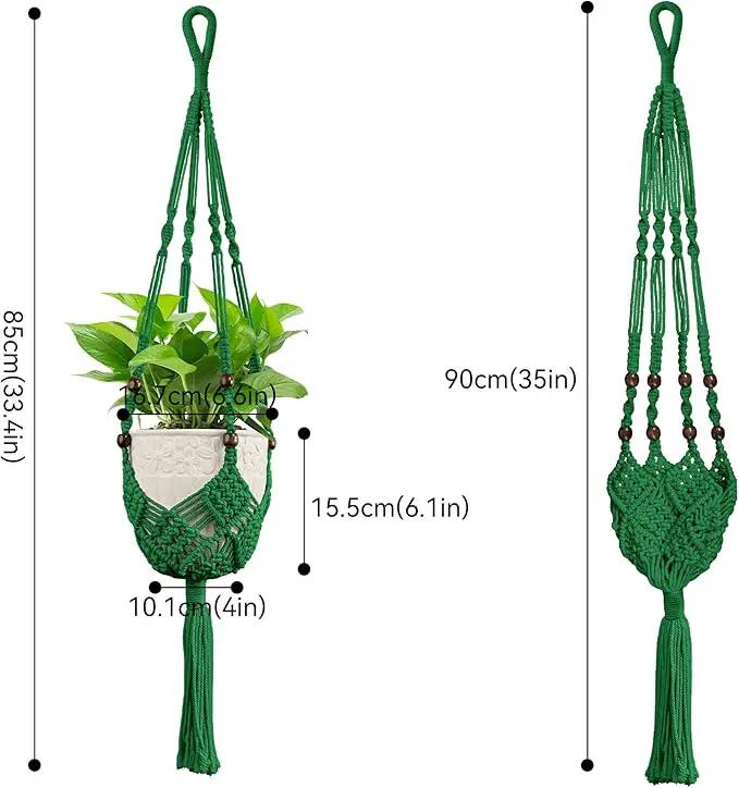 USLAI Macrame Handmade Basket Plant Hanger (2-Pack), for 3-8 Inch Pots, Indoor Outdoor Strong Hanging Planter Flower Pot Holder with Beads and Tassels, Boho Home Decor (POTS NOT Included) (Green) by GreenHaven Gardens