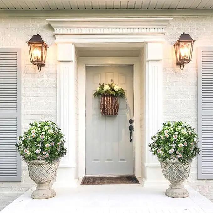 23.6" Artificial Boxwood Topiary Ball Trees with White Flowers, Set of 2 UV Resistant No Fade Outdoor Faux Plants with Ground Spike, Fake Shrubs for Garden, Patio, Porch, Yard, Indoor Decor by GreenHaven Gardens