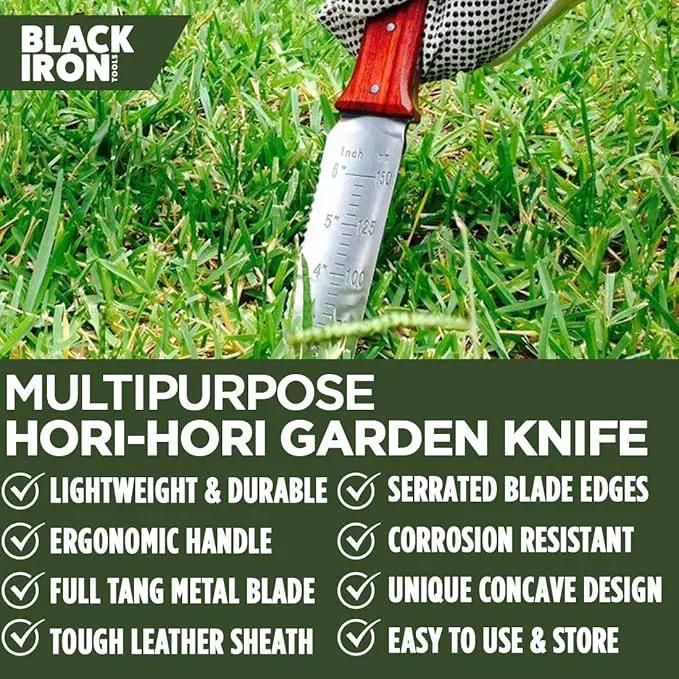 Black Iron Hori Hori Garden Knife [7 Inches, Japanese Stainless Steel] Durable Gardening Tool for Weeding, Digging, Cutting & Planting with Leather Sheath and Sharpening Stone by GreenHaven Gardens