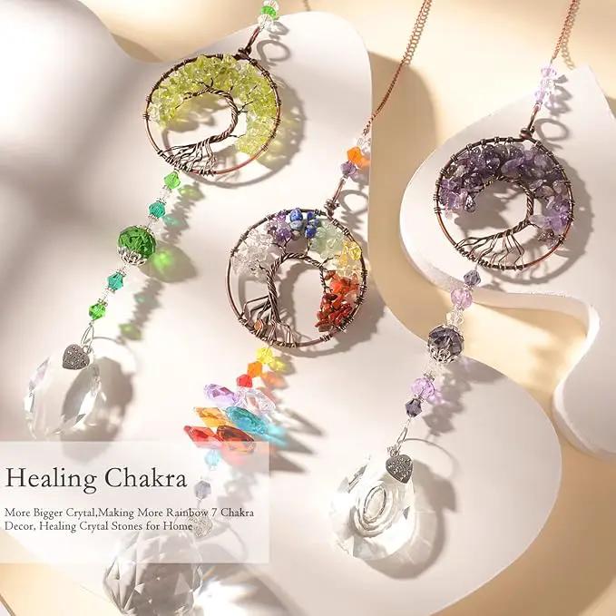 Sun Catcher Crystal Hanging Tree of Life SunCatchers Healing Crystals for Indoor Window, Home Decor, Car Charms Pack of 3 by GreenHaven Gardens