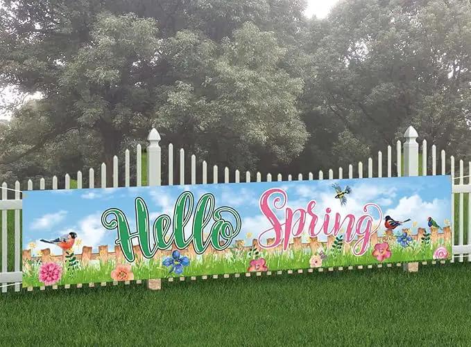 Hello Spring Large Banner Birds with Flowers Banner,Welcome Home Outdoor Flag Sign Decorations Holiday Party Polyester Outdoor Decor with Brass Grommets 8.2x1.64 Ft by GreenHaven Gardens