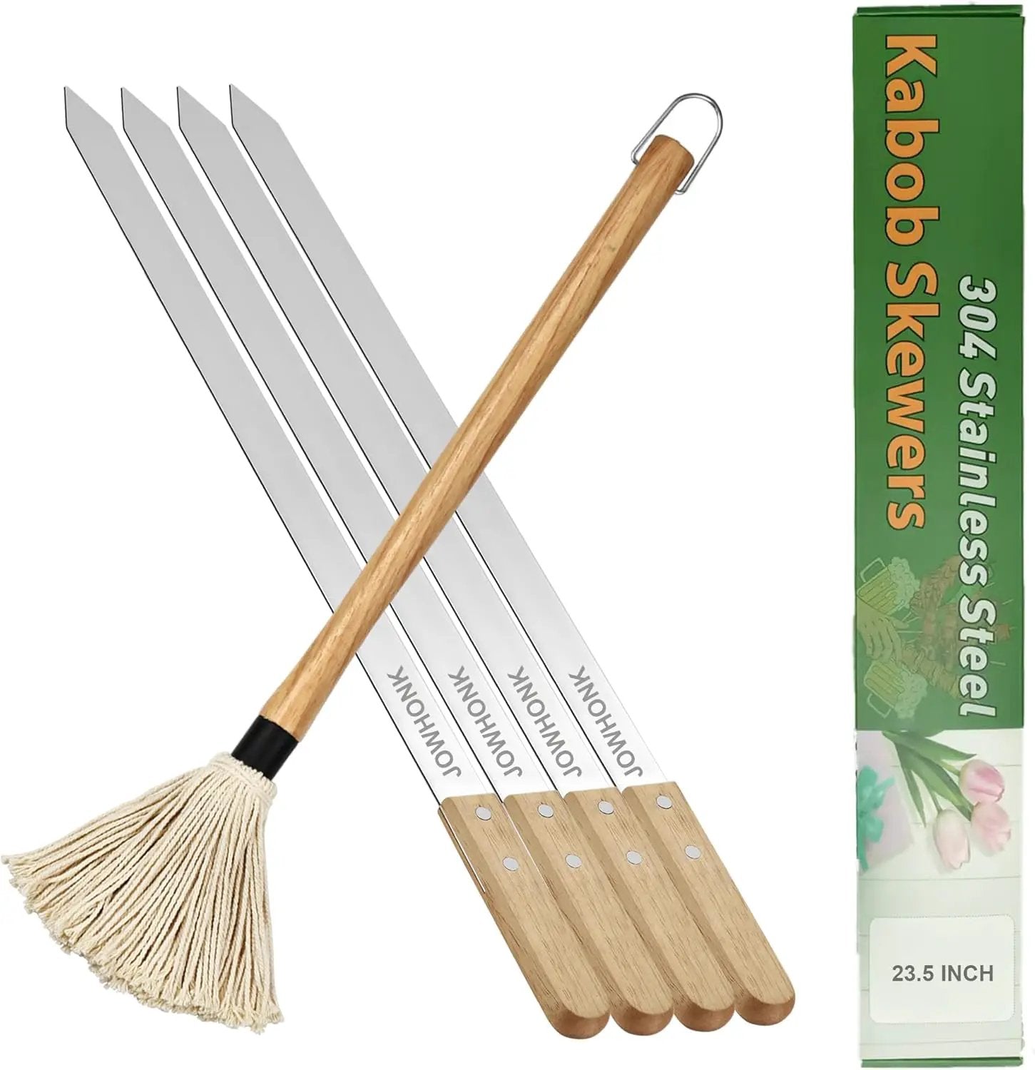 23.5" Long Skewers for Grilling,1 Inch Wide,304 Stainless Steel Skewer for Kabobs with Wood Handle,Heavy-Duty Metal Flat Barbecue Skewer Set Includes 4PCS BBQ Skewers,1PCS BBQ Mop Brush by GreenHaven Gardens