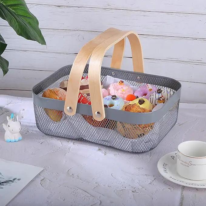 Metal Mesh Steel Basket, Storage Organizer Basket Garden Harvest Basket Multi-functional Kitchen Fruit Baskets Bin with Wooden Handle for Bathroom Picnic Shopping Decor Cabinet Home, Grey by GreenHaven Gardens