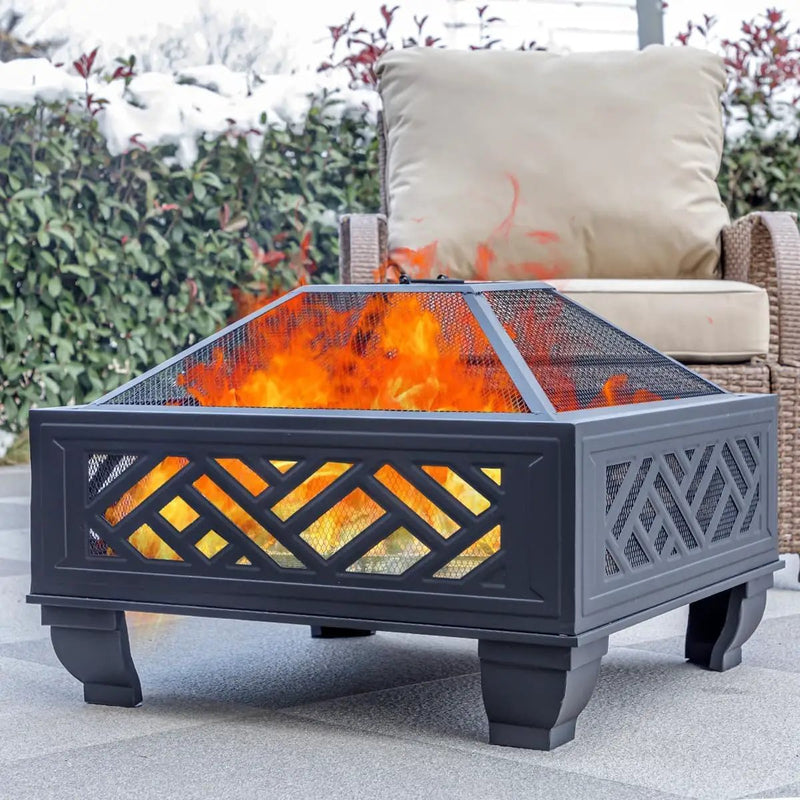 Breezz 26 Inch Wood Burning Fire Pit with Cooking Grill and Spark Screen, Outdoor Metal Firepit for Patio, Backyard, Bonfire Party, Camping and Garden by GreenHaven Gardens