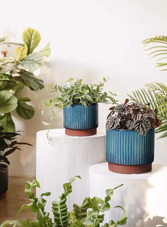 LE TAUCI Ceramic Plant Pots with Drainage Holes, Set of 3, 8+6.7+5.5 Inch Stripe Garden Planter Pots for Outdoor Indoor Plants Flower, Round Succulent Orchid Flower Pot, Reactive Glaze Black by GreenHaven Gardens