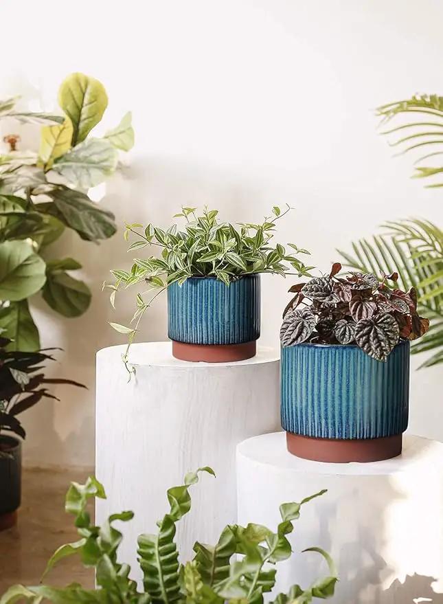 LE TAUCI Ceramic Plant Pots with Drainage Holes, Set of 3, 8+6.7+5.5 Inch Stripe Garden Planter Pots for Outdoor Indoor Plants Flower, Round Succulent Orchid Flower Pot, Reactive Glaze Black by GreenHaven Gardens