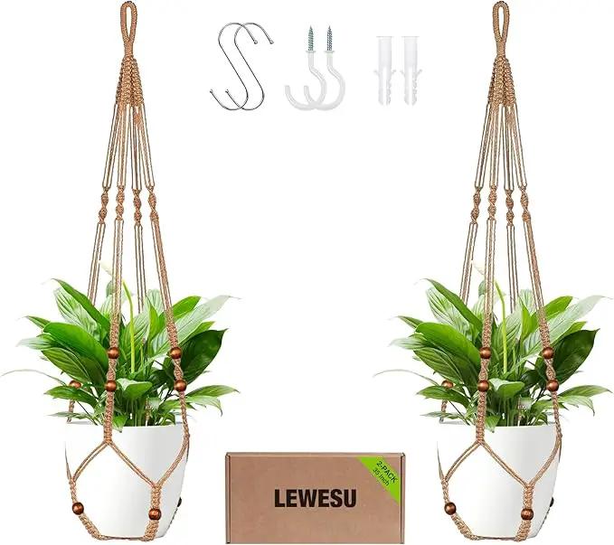 Jute Macrame Plant Hanger Indoor Set of 2 Hanging Planter Basket Flower Pot Holder with Decorative Wood Beads & No Tassels for Indoor Outdoor Boho Home Decor, 35 Inch Brown (Pots Not Included) by GreenHaven Gardens