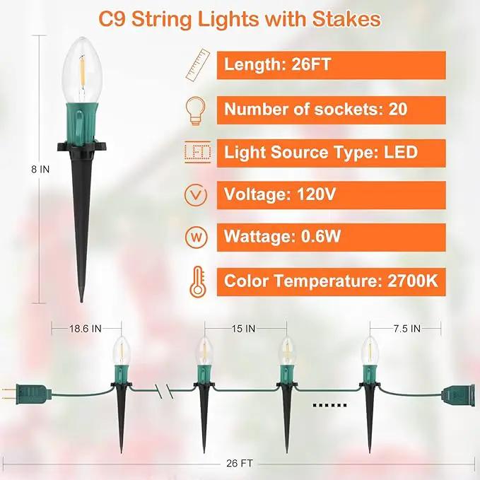 C9 Christmas String Lights for Pathway , 26FT LED 20 Clear Lights with 20 Stakes, Waterproof Shatterproof 2700K Warm White Linkable Walkway Lights for Outdoor Indoor Xmas Driveway Yard Garden Decor by GreenHaven Gardens
