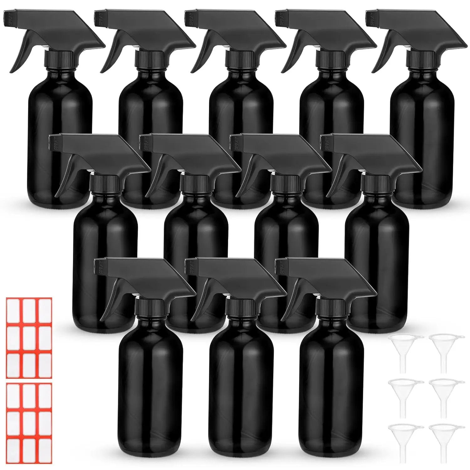 Norme 12 Pcs 8 oz Glass Spray Bottles with Funnels and Labels Refillable Cosmetic Empty Spray Bottles with Sprayer Containers for Essential Oil Cleaning Solutions(Black,Classic) by GreenHaven Gardens