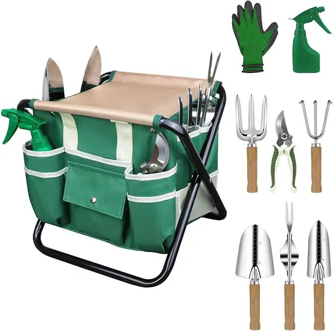 LeMotech Garden Tool Set,10 Pieces Heavy Duty Gardenting Tool Kit, Folding Stool with Detachable Tote Bag, Thicker Stainless Steel Tools (Trans-Planter,Trowel,Weeder etc.) for Women Men by GreenHaven Gardens