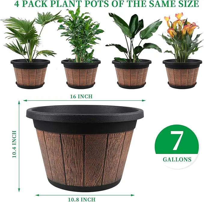 Quarut Large 4 Pack 16 inch Plant Pots,Whiskey Barrel Planters with Drainage Holes & Saucer,Plastic Decoration Flower Pots Retro Design,Planters for Outdoor Indoor Garden Balcony Plants (Brown) by GreenHaven Gardens