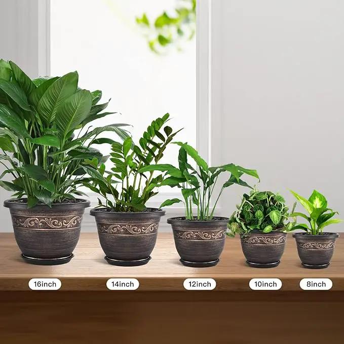 Plastic-Plant-Flower-Planters-16 Inch with Drainage Hole & Saucer, 3 Packs Lightweight Small Resin Flower Pot Indoor Outdoor, Retro Antique Imitation Decorative Garden Containers Sets for Houseplants by GreenHaven Gardens