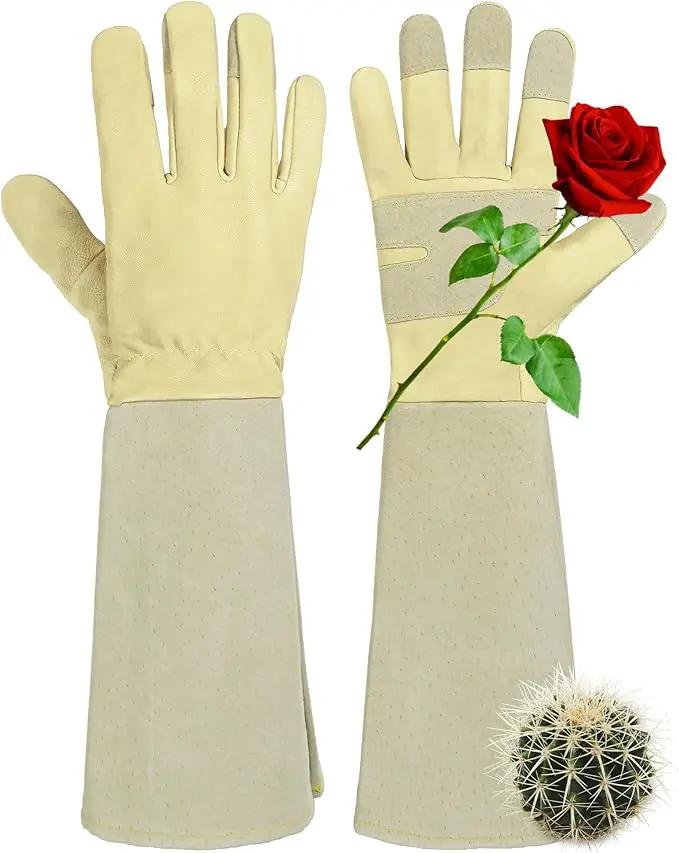 HANDLANDY Rose Pruning Gardening Gloves for Men Women, Thorn Proof Forearm Protection Leather Garden Gloves, Gardening Gifts for Gardeners (Beige- goatskin, Medium (Pack of 1)) by GreenHaven Gardens