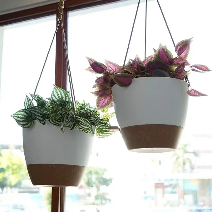 10 Inch Self Watering Hanging Pots, 2 Pack Hanging Planters with 40oZ Deep Reservior for Indoor Outdoor Plants Flowers, White with Brown by GreenHaven Gardens