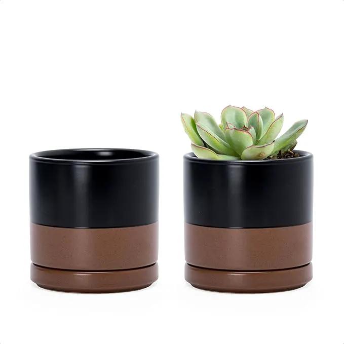 D'vine Dev Set of 2 Plants Pots, 3.5 Inch Ceramic Planter Pot for Plants with Drainage Hole and Saucer, Black/Speckled Tan, 94-V-A-7 by GreenHaven Gardens