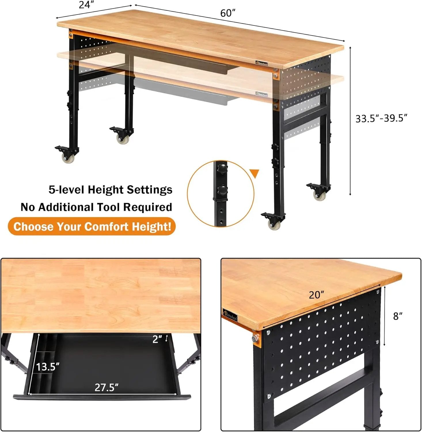 60" Adjustable Workbench for Garage, Rubber Wood Shop Table W/Wheels & Double Pegboards & Drawer, 2000 LBS Load Capacity Hardwood Worktable for Workshop, Garage, Office, Home, Commercial by GreenHaven Gardens