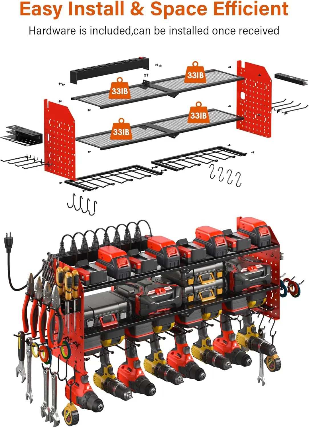 JUNNUJ Large Pegboard Power Tool Organizer with Charging Station, 8 Drills Driver and Tools Battery Holder Wall Mount with 8 Outlet Power Strip, Red 3-Layer Shop Garage Storage Utility Rack by GreenHaven Gardens