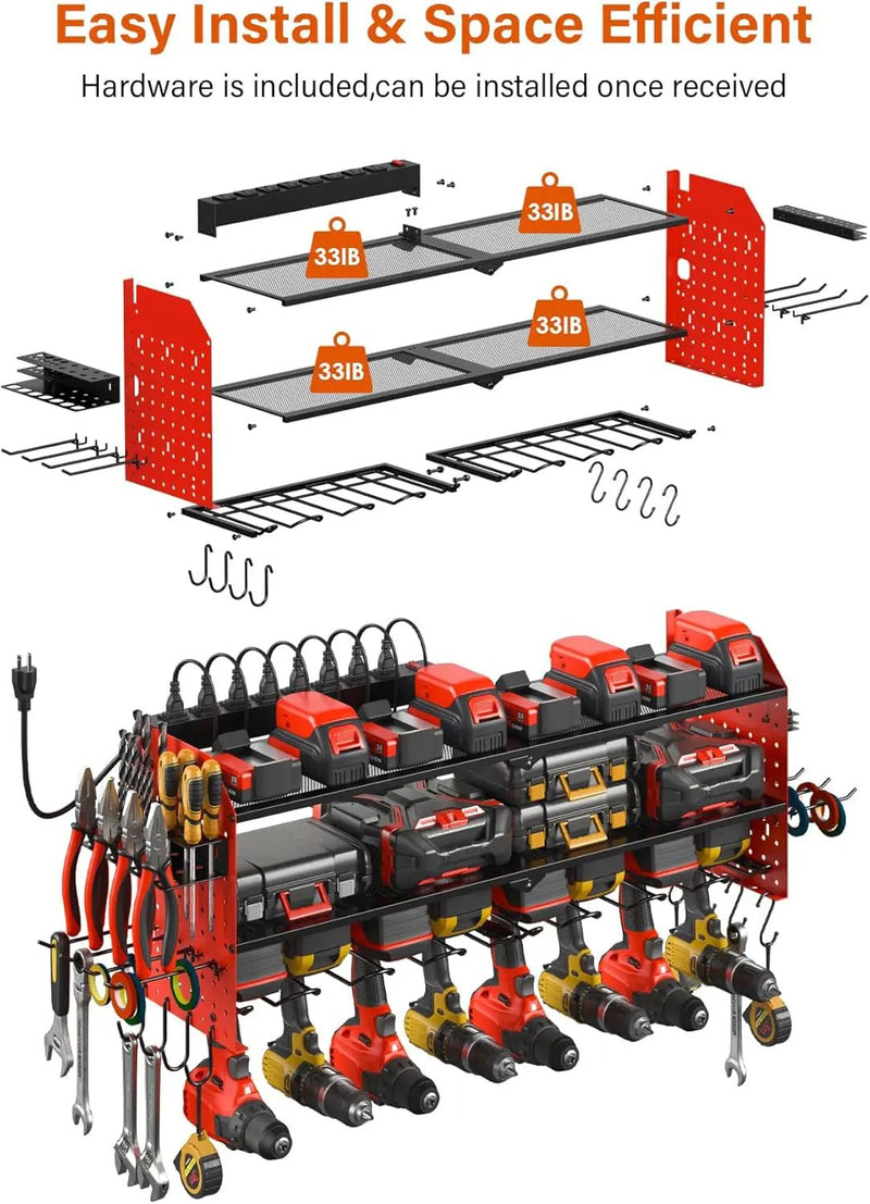 JUNNUJ Large Pegboard Power Tool Organizer with Charging Station, 8 Drills Driver and Tools Battery Holder Wall Mount with 8 Outlet Power Strip, Red 3-Layer Shop Garage Storage Utility Rack by GreenHaven Gardens