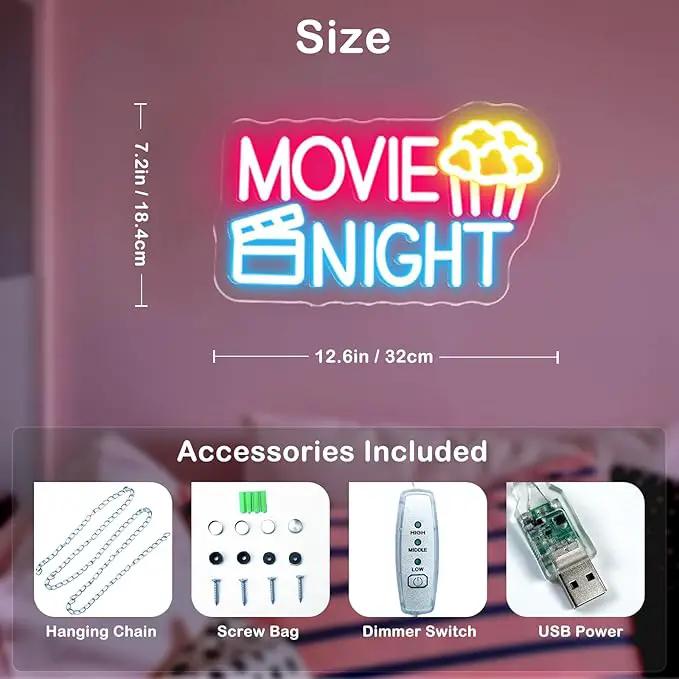 Movie Night Neon Sign With Popcorn Dimmable LED Neon Lights for Wall Decor USB Powered Light Up Signs for Bedroom Living Room Cinema Film Room Man Cave Home Bar Wedding Birthday Party by GreenHaven Gardens