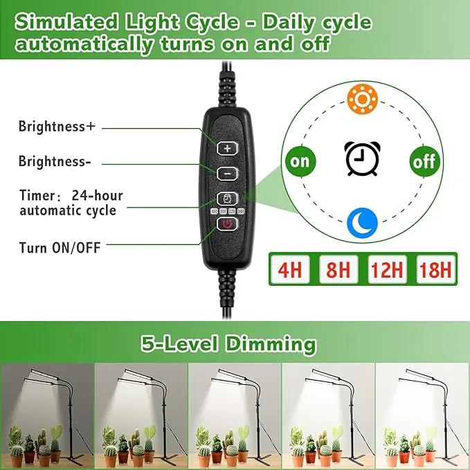 Grow Lights for Indoor Plants, Full Spectrum LED Tabletop Plant Lights for Indoor Growing, Dual-Head Gooseneck Plant Lamp with 5 Dimmable & Auto On/Off 4/8/12/18H Timer, Height Adjustable 9.8-25'' by GreenHaven Gardens