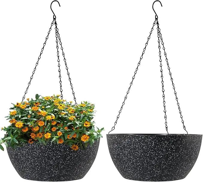 13 inch Large Hanging Planters Plant Pots for Outdoor Indoor Plants with Drainage Holes and Chain, 2 Pack Round Hanging Flower Pots for Garden Home Porch Decor, Speckled Black by GreenHaven Gardens