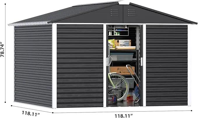 Metal Outdoor Storage Shed 10FT x 10FT, Steel Utility Tool Shed Storage House with Sliding Door, Metal Sheds Outdoor Storage for Backyard Garden Patio Lawn, Black by GreenHaven Gardens
