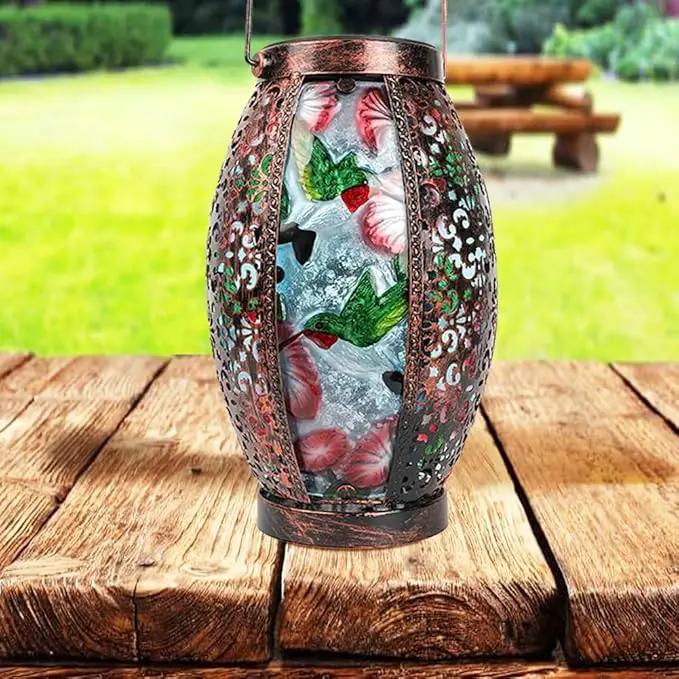 Hummingbird Solar Lanterns Glass & Metal Hanging Lantern Outdoor Waterproof 16" H Tabletop Light with Hollowed-Out Design for Garden Patio Table Decor Mother's Day Gift by GreenHaven Gardens