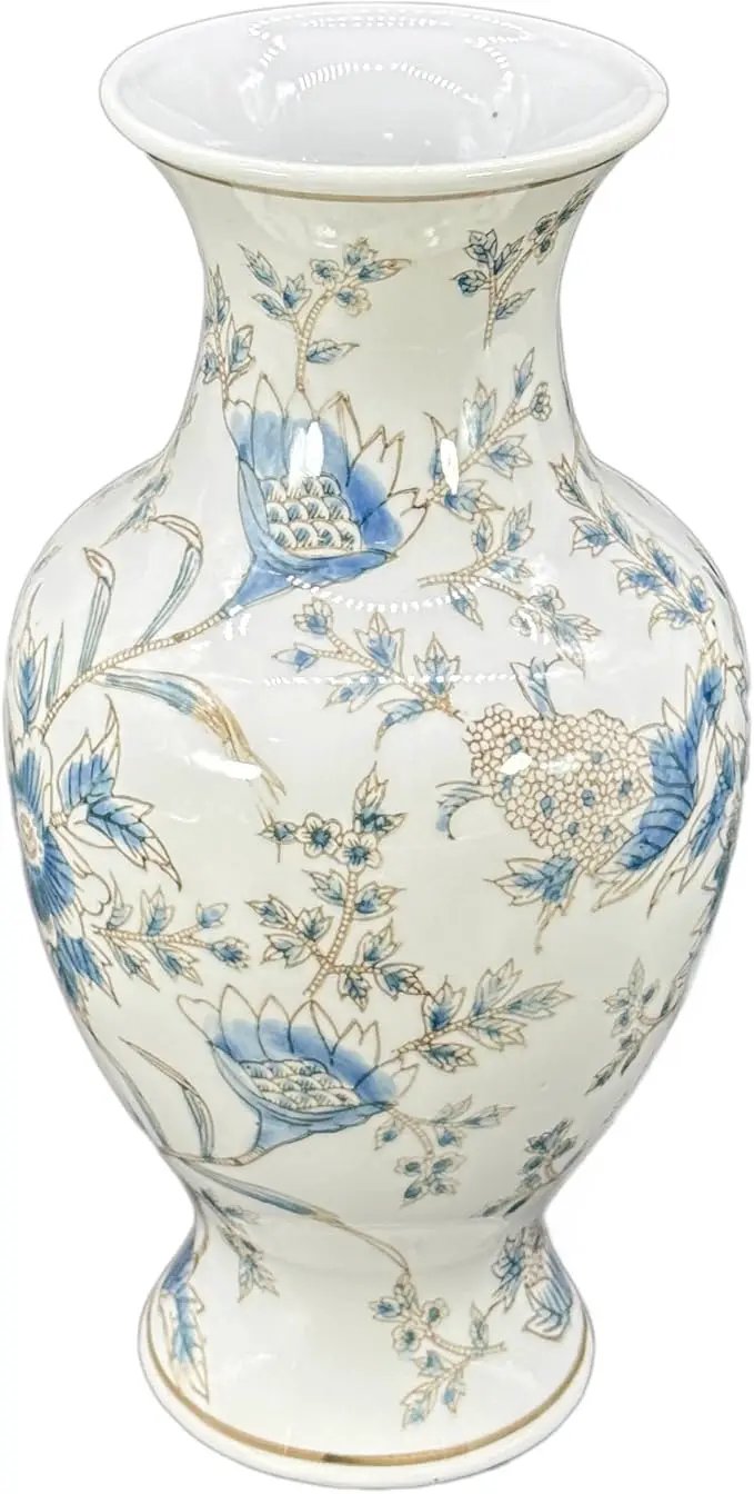 Galt International White & Blue Floral Chinoiserie Ceramic Vase 14" - Hand Painted Antique Style Porcelain Flower Bottle Fishtail Porcelain Chinese Vase for Home Decor Centerpiece by GreenHaven Gardens