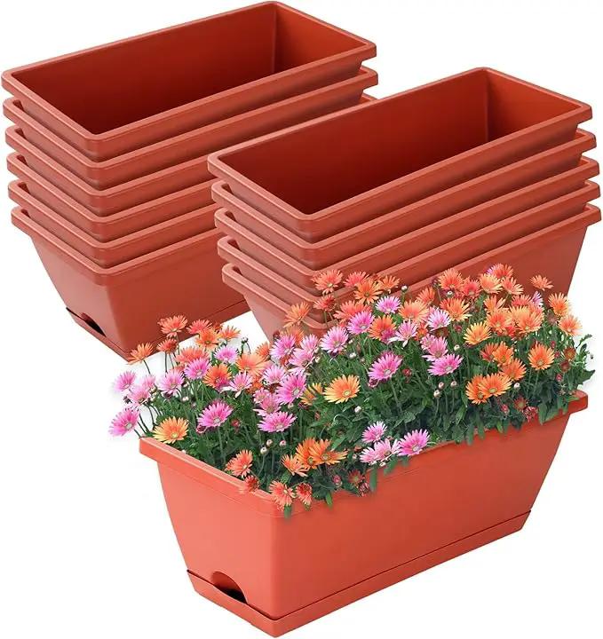 Window Box Planter, 12 Pack Plastic Vegetable Flower Planters Boxes 17 Inches Rectangular Flower Pots with Saucers for Indoor Outdoor Garden, Patio, Home Decor (Brick red) by GreenHaven Gardens