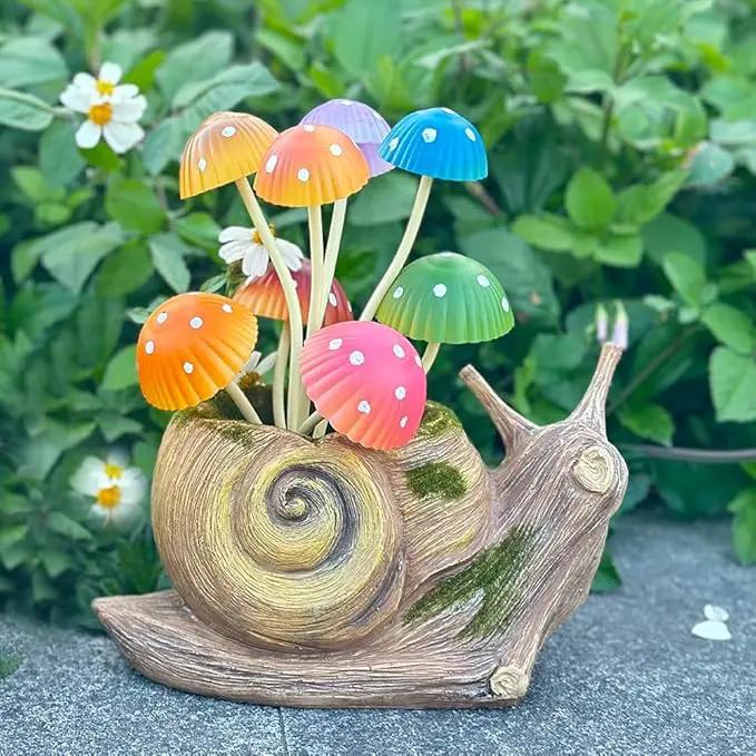 1 Pack Solar Garden Mushroom Snail Statue Gift, Solar Outdoor Sculpture Outdoor Patio Art, Porch Deck Balcony Front Garden Decoration, Unique House Warming Gift by GreenHaven Gardens