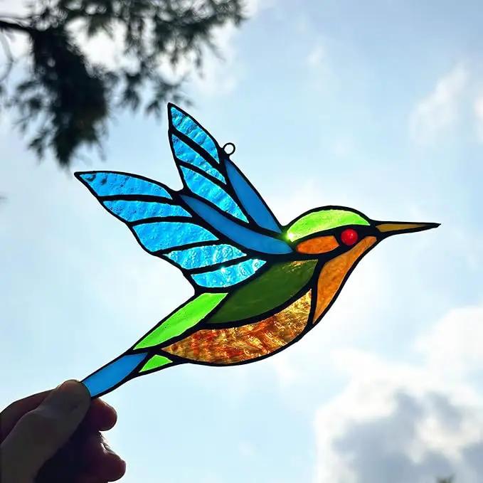 2 Packs Stained Glass Hummingbird Suncatcher Window Hanging Ornament, Stained Glass Birds Suncatcher for Window Decor, Hummingbird Gifts for Women, Mom, Birds Lovers by GreenHaven Gardens