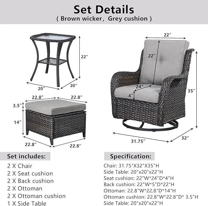 5 Pieces Patio Furniture Sets Wicker Outdoor Furniture, Rattan Patio Swivel Glider Chairs with 2 Ottoman and Glass Side Table by GreenHaven Gardens