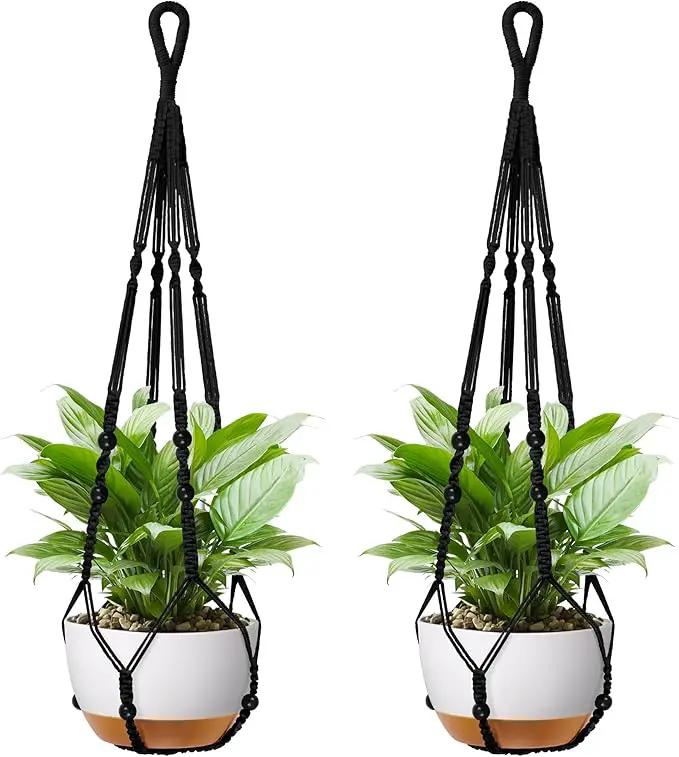35 Inch Macrame Plant Hanger - Fits 4-13 Inch Pots, Supports Up to 22lbs, Sturdy Hanging Planter Holder for Indoor Outdoor, Boho Home Decor, 2 Pack, Black (POTS NOT Included) by GreenHaven Gardens