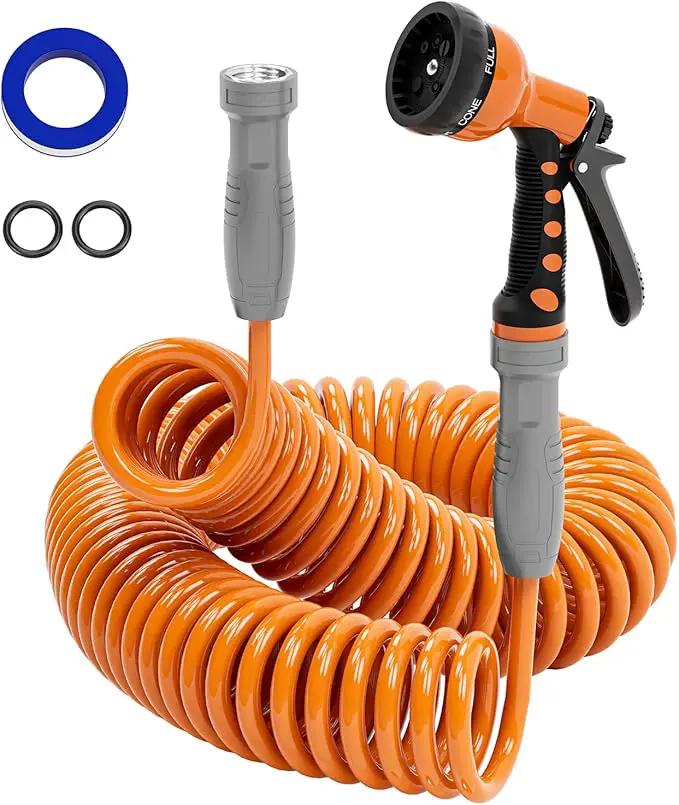 3/8” Lightweight Coil Garden Hose 50 FT, EVA Retractable Curly Water Pipe with 6-Pattern Spray Nozzle for Boat, Greenhouse, Yard, Patio (Orange) by GreenHaven Gardens