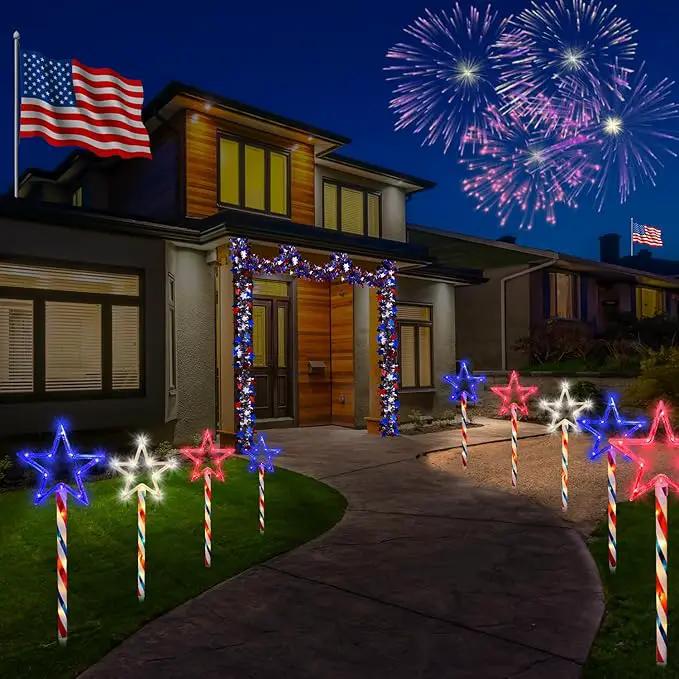 Solar Pathway Lights Outdoor 4th of July Decorations, 2 Sets of 6 Red White and Blue Star Walkway Lights With 180 LED, Waterproof Remote Control Timed Patio for Lawn Garden Decor by GreenHaven Gardens