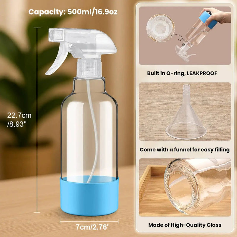 Glass Spray Bottles with Silicone Sleeve 16.9oz 2 Pack Empty Spray Bottle for Hair Mist/Stream Spraying for Cleaning Solutions, Plants, Essential Oils (clear-sblue&purple) by GreenHaven Gardens